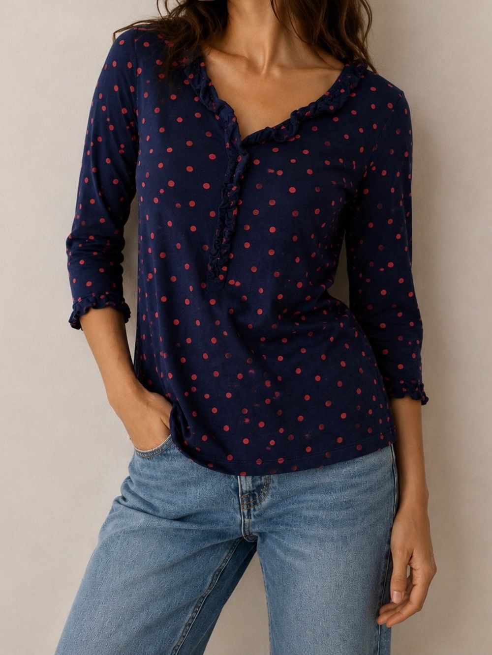 Boden Navy Coral Polka Dot Ruffle Neck 3/4 Sleeve Cotton Blend Top US 6 UK 10